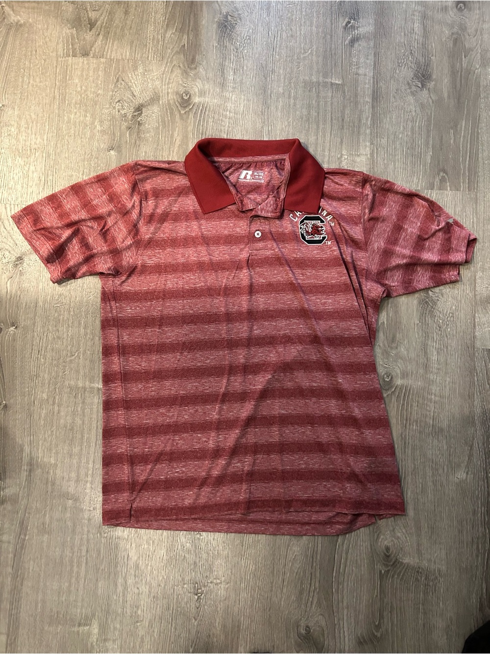 Russell Athletic South Carolina Gamecocks Red Striped Polo with Team Crest